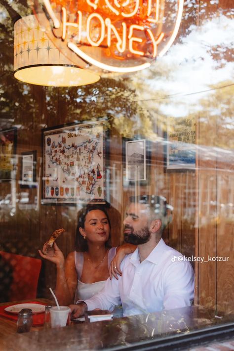 Burger Engagement Photos, Pizza Parlor Photoshoot, In N Out Couple Photoshoot, Bakery Engagement Photos, Engagement Shoot Unique, Foodie Engagement Photos, Chinatown Engagement Photos, Diner Engagement Photoshoot, Playful Engagement Photos Ideas