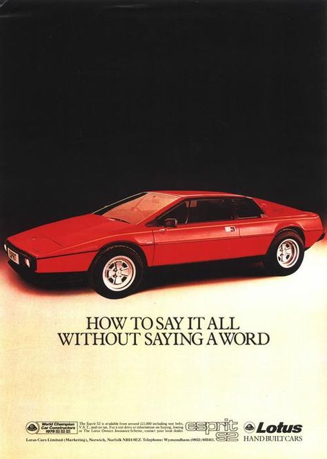 #cars #auto Classic Advertising, Vintage Magazine Ads, Vintage Car Ads, Classic Car Ads, Lotus Sports Car, 70s Car Ads, 80s Car Advertisements, Lotus Esprit, Lotus Car