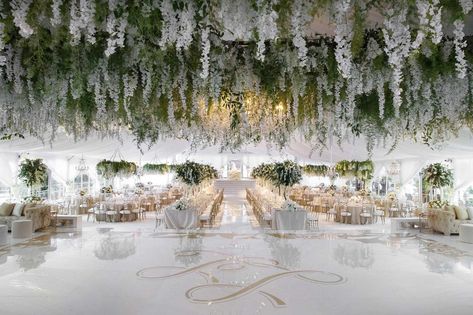 Wedding Ideas: Floral Chandeliers & Ceiling Installations Over Dance Floor - Inside Weddings Greenery Wall Decor, Wedding Ceiling Decorations, Wedding Ceiling, Flower Chandelier, Wedding Arch Flowers, Arch Flowers, Floral Chandelier, Tent Reception, Wedding Inside