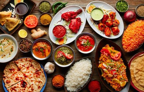 Assorted indian recipes food various | Premium Photo #Freepik #photo #background #food #restaurant #green-background Bhutan Food, Rogan Josh, Aloo Gobi, Indian Kitchen, Leftovers Recipes, Vegetarian Meals, Tikka Masala, Bhutan, Indian Dishes