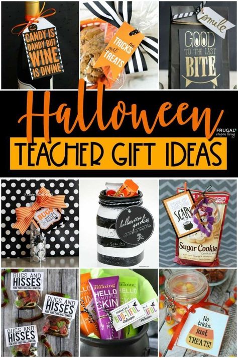 Show acts of teacher appreciation in October. Spooktacular Halloween Teacher Gift Ideas are prefect for fa-BOO-lous teacher. No tricks, just treats - many with free Halloween printables and gift tags. These punny teacher quotes are perfect random acts of kindness. #FrugalCouponLiving #freeprintables #halloween #halloweengiftideas #teacherappreciation #teachergiftideas #teacherappreciationgiftideas #halloweengifts #halloweenprintables #printables #teachergifts #halloweenideas Preschool Teacher Halloween Gift, Cute Halloween Gifts For Teachers, October Appreciation Gifts, Small Fall Gifts For Teachers, Teacher Trick Or Treat Gift, Teacher Treats For Fall, Boo Buddies Gift Ideas, Teacher Halloween Goodie Bags, Teacher Halloween Treat Bags