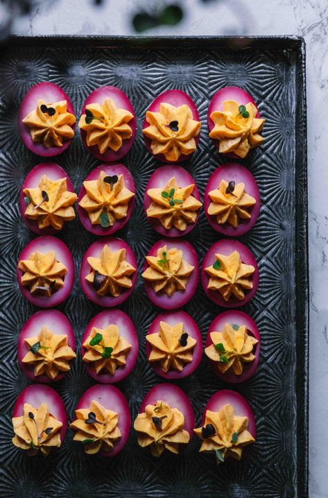 Pickled Beet Deviled Eggs, Deviled Eggs With Salmon Roe, Red Beet Deviled Eggs, Beet Dyed Deviled Eggs, Spring Deviled Eggs, Deviled Egg Flavors, Deviled Eggs Aesthetic, Food For Housewarming Party, Colorful Deviled Eggs