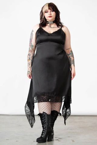 Plus Size Gothic, Killstar Clothing, Plus Size Goth, Top Clothing Brands, Stretch Satin Fabric, Lace Stockings, 2010 Fashion, Hanky Hem, Lace Trims