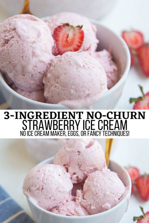 Easy 3-Ingredient No-Churn Strawberry Ice Cream - no ice cream maker, eggs, high fructose corn syrup, or fancy techniques! All you need is a blender and three basic ingredients to make this amazing rich and creamy strawberry ice cream. #icecream #strawberries #dessert #nobake Homemade Strawberry Ice Cream No Eggs, Frozen Strawberry Ice Cream Healthy, No Churn Healthy Ice Cream, Strawberry Ice Cream Recipe No Churn, Strawberry Ice Cream No Eggs, Blended Ice Cream, Strawberry No Churn Ice Cream, Strawberry Almond Milk Ice Cream, Strawberry Mint Ice Cream