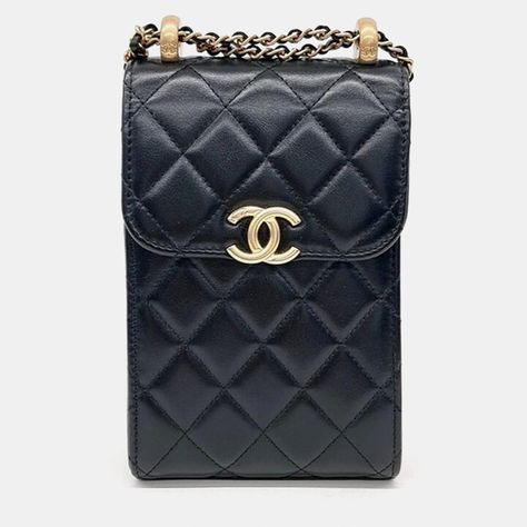 Chanel Black Leather Pearl Crush Chain Phone Holder Bag Cross Chain, Pearl Leather, Cross Bag, Luxury Closet, Chanel Black, Luxury Clothing, Bag Bag, Coco Chanel, Phone Bag