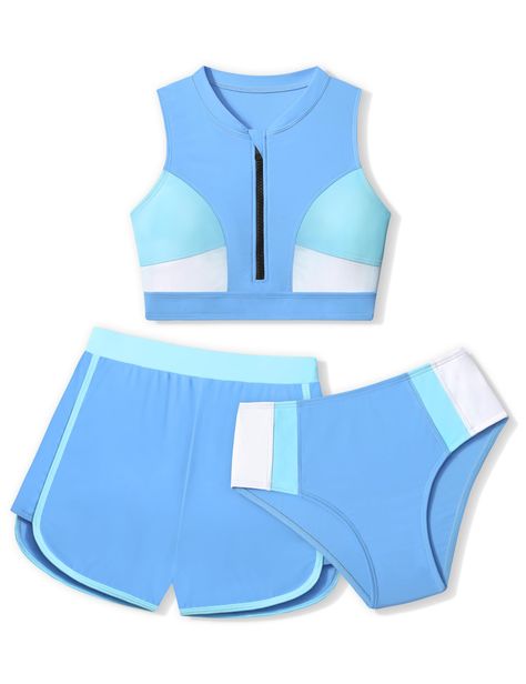 AGAPENG Girls Swimsuit 3 Piece Color Block Zipper Front Bathing Suit Bikini Set with Shorts Sporty Girls' Swimwear 7-16 Years Cute Modest Swimwear, Ella Jane, Revealing Swimsuits, Colorblock Swimsuit, Swimsuits Sporty, Preppy Clothes, Girls Swimwear