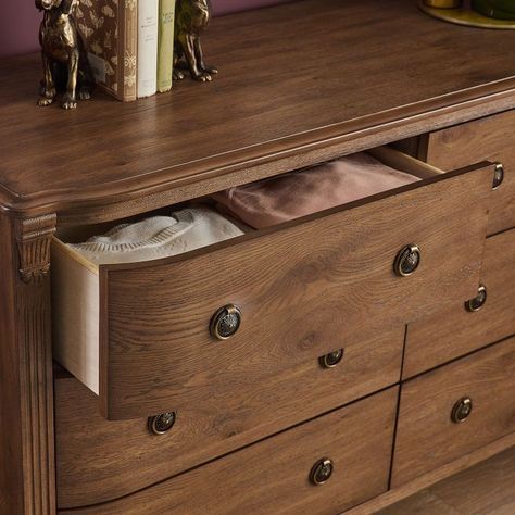 Chris Loves Julia 6-Drawer Dresser (56") | Pottery Barn Teen Amber Interiors Bedroom Dresser, Restaining Wood Dresser, Double Dresser In Bedroom, Stained Wood Dresser, Light Brown Dresser, Amber Interiors Bedroom, Julia Marcum, Natural Wood Dresser, Dresser Walnut