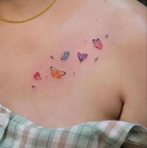 Cute Color Tattoos, Butterfly Tattoo Pink, Butterfly Tattoo Color, Flower Butterfly Tattoo, Watercolor Butterfly Tattoo, Small Colorful Tattoos, Colorful Butterfly Tattoo, Belly Tattoo, Small Butterfly Tattoo