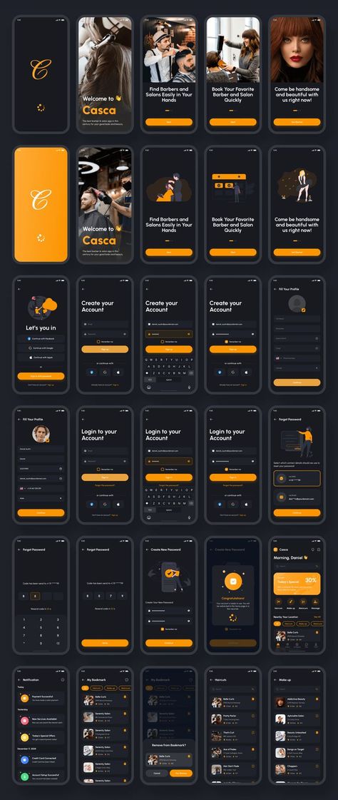 Casca - Barber & Salon App UI Kit Premium &amp; High Quality UI Kit for Barbershop and Salon Booking/Appointment (iOS/Android Support, 170+ Screens, with Design System Included) App Sketch, Ux Design Mobile, Mobile App Templates, App Design Layout, Ux App Design, Learn Web Development, Android Design, Mobile App Design Inspiration, App Interface Design