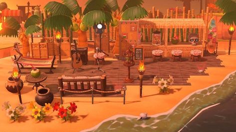 Animal Crossing Inspiration on Instagram: “This amazing beach bar at sunset 🌅 (the bamboo divider in the back really puts the cherry on the cake) 🎋  By: sleeplessegg (reddit)…” Acnh Tiki Bar Ideas, Acnh Beach Tiki Bar, Acnh Beach Ideas Tiki Bar, Animal Crossing Tiki Bar Ideas, Acnh Bar Ideas, Acnh Tiki Bar Design Code, Acnh Tiki Bar Design, Animal Crossing Tiki Bar, Acnh Bar Design