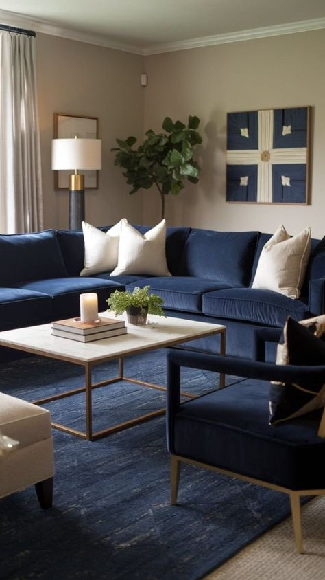 Lounge Room Ideas Blue Couch, Decor For Blue Couch, Living Room Blue Velvet Couch, White And Navy Living Room Ideas, Navy And Brass Living Room, Dark Blue And Beige Living Room, Blue And Ivory Living Room, Dark Blue Colour Combinations, Navy Blue Living Room Decor Ideas Color Combinations