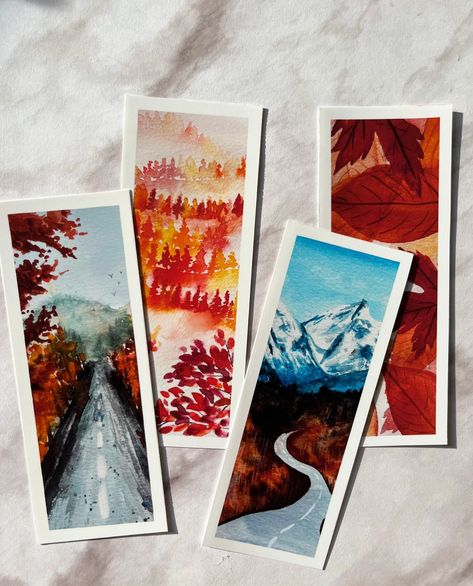 "Beautiful hand painted bookmarks perfect for nature lovers! Capture the beauty of autumn leaves with four bookmarks 🍁  Please be advised this is not original watercolor, this is a reproduction printed on high quality, bright white photo paper and laminated to protect from dirt and water.  Dimensions: 2\" x 6\" Some of these designs are also offered as greeting cards- please see my other listings!" Print Bookmarks, Painted Bookmarks, Creative Bookmarks, Nature Watercolor, Watercolor Bookmarks, Landscape Watercolor, Diy Watercolor Painting, Fall Watercolor, Diy Watercolor