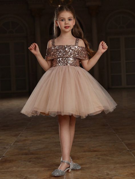 Champagne Party Collar Short Sleeve Sequins Plain Fit and Flare Embellished Slight Stretch  Tween Girls Clothing Wedding Dresses For Kids, Shimmery Dress, Fiesta Outfit, Champagne Party, Wedding Dress Sequin, Sparkly Top, Sequin Wedding, Sequin Party Dress, Outfits Verano