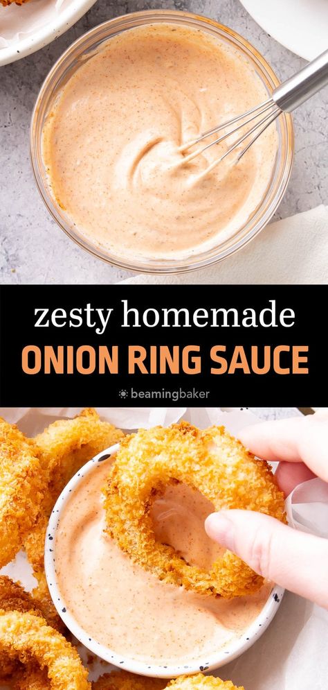 The BEST ever Onion Ring Sauce is creamy and flavorful with a kick of spice. Made with mayo, ketchup, paprika, and Cajun seasoning, this is the tastiest onion ring dipping sauce ever! Recipe from Beaming Baker. Spicy Onion Ring Sauce, Outback Onion Ring Sauce, Blooming Onion Sauce Recipe Without Horseradish, Dip For Onion Rings Sauce Recipes, Zesty Onion Ring Sauce, Blooming Onion Recipe Sauce, Ketchup Mayo Dipping Sauce, Martha Stewart Onion Rings, Onion Ring Sauce No Horseradish