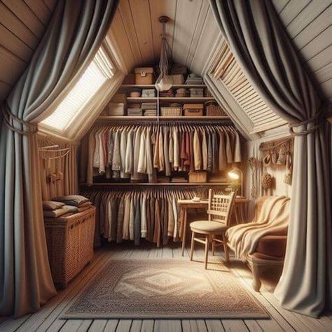 Elevate Your Closet: 18 Attic Storage Ideas for Clothes - True Canadian Finds A Frame Closet, Closet In Attic, Attic Closet Ideas Angled Ceilings, Tiny Attic Ideas, Storage Ideas For Clothes, Attic Retreat, Attic Storage Shelves, Attic Storage Ideas, Attic Closet Ideas