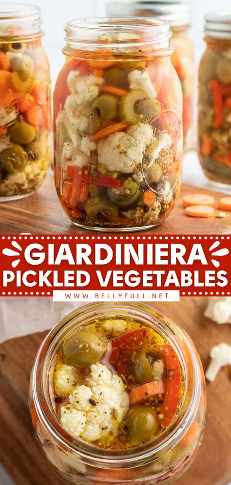 Giardiniera {Pickled Vegetables} Mediterranean Canning Recipes, Easy Vegetable Pickling Recipes, Picked Garlic Recipes, Pickles Vegetables Recipe, Pickles Veggies Recipe, Homemade Fridge Pickled Vegetables, Gardinera Recipes, Homemade Pickle Flavors, Canning Vegetables Recipes