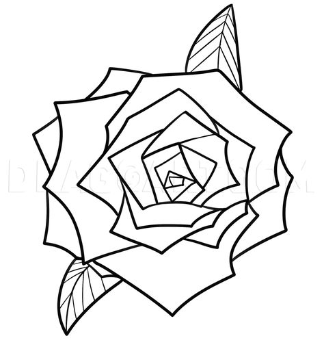 How To Draw A Geometric Rose, Step by Step, Drawing Guide, by Dawn | dragoart.com Geometric Rose Drawing, Desert Rose Drawing, Wildflower Sketches, Create Tattoo, Sketch Rose, Rose Doodle, Drawing Purple, Rose Step By Step, Rose Line Art