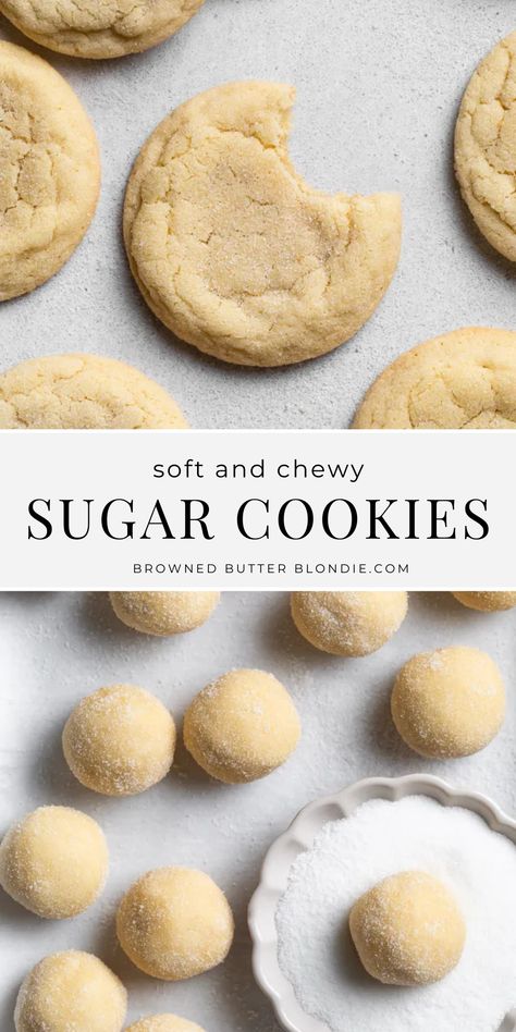 Soft and Chewy Sugar Cookies | Browned Butter Blondie | These classic soft and chewy sugar cookies are so easy and so delicious that they’re bound to be your new favorite cookie recipe. Made with a handful of simple ingredients, they bake up perfectly every time. Sugar Cookies Soft And Chewy, Sugar Cookie Ingredients, 1 Dozen Sugar Cookie Recipe, Easy Baking Cookies, Best Chewy Sugar Cookies, Gooey Sugar Cookies, Insomnia Sugar Cookie Recipe, Easy To Bake Cookies, Soft Chewy Sugar Cookie Recipe