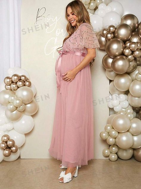 SHEIN Loomaby Gender Reveal Dress Maxi V-Neck Maternity Gender Reveal Party Skirt, Chic And Romantic For Baby Shower Dress Maternity Dress | SHEIN Maternity Party Wear, Vestidos Para Baby Shower, Gender Reveal Dress, Party Wear Outfits, Long Mesh Dress, Pregnancy Gender Reveal, Maternity Dresses For Baby Shower, Baby Shower Dress, Yule Ball