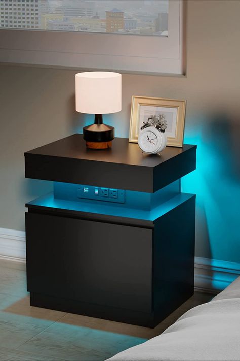 Black LED Nightstand with LED Lights and Charging Station, Small Bedside Table/End Table Bed Side Dressing Table Ideas Modern, Small Bed Side Tables, Bed Side Table Black, Bed And Bedside Table Ideas, Bed With Dressing Table On Side, Bed Side Tables Ideas, Bed Side Table Ideas Modern, Modern Bedside Table Ideas, Side Tables Bedroom Modern Luxury