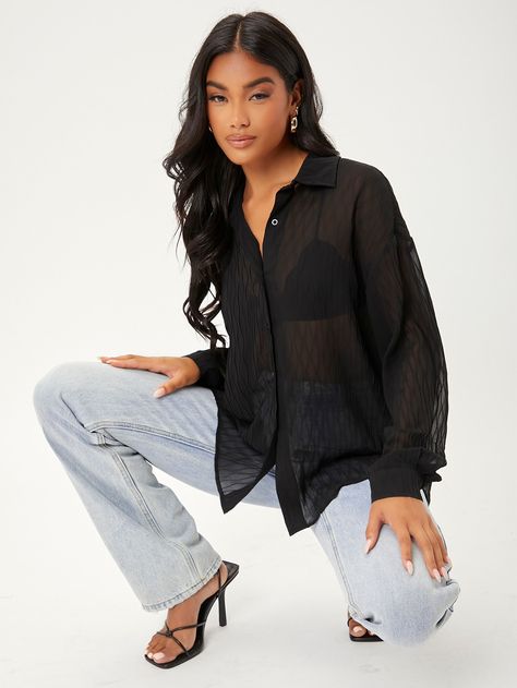 Black Sexy Collar Long Sleeve Polyester Plain Shirt Embellished Non-Stretch Spring/Fall Women Tops, Blouses & Tee Sheer Black Button Up Shirt Outfit, Sheer Button-up Chic Blouse, Sheer Fitted Button-up Blouse, Long Sleeve Washed Black Shirt With Button Closure, Black Sheer Sleeves Button-up Blouse, Women Tie, Sheer Lace Top, Sheer Shirt, Sheer Blouse