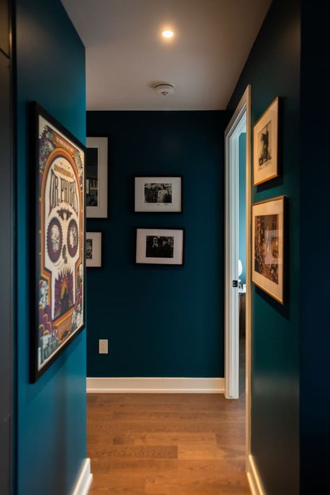 Teal Wall Paint, Teal Hallway, Dark Teal Living Room, Canada Apartment, Teal Wall Colors, Teal Paint Colors, Blue Hallway, Teal Accent Walls, Teal Rooms