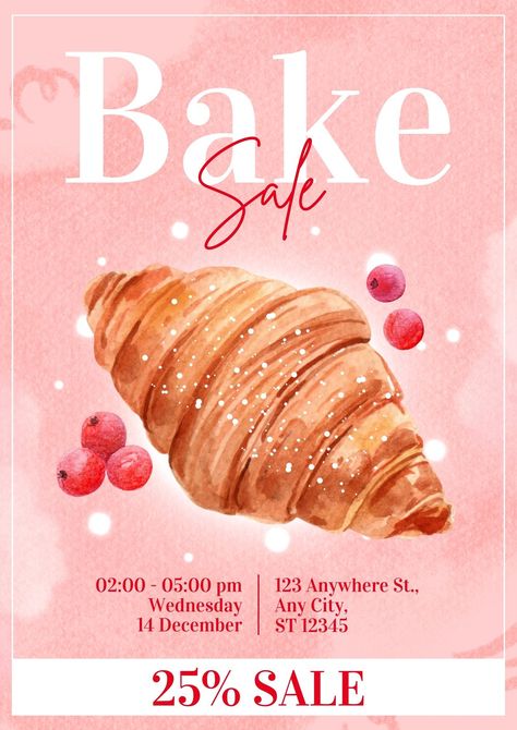 Baking Poster Ideas, Bake Sale Flyer Ideas, Flyer Advertisement Design, Pink Graphic Design Poster, Bakery Flyer Design Ideas, Canva Advertising Ideas, Bake Sale Poster Ideas, Flyer Food Design, Food Flyer Design Ideas