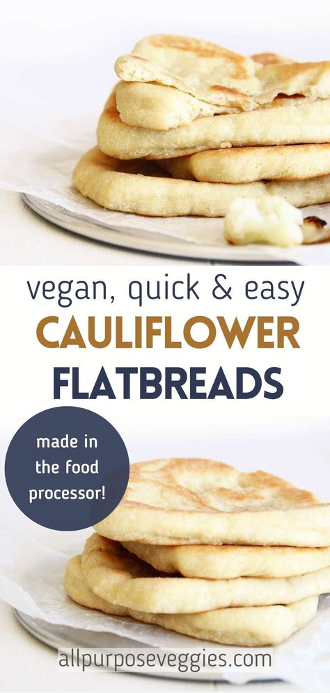 Cauliflower takes center stage in this flavorful homemade cauliflower flatbread (naan) recipe. This vegan and lower-calorie twist on traditional naan is the perfect choice for those seeking a healthier alternative to flatbreads made with just flour. The flavor of cauliflower is completely unnoticeable since cauliflower has such a neutral flavor. Also, it's incredibly easy to prepare! #flatbread #naan #naanbread #flatbreadrecipes #cauliflowerrecipes Cauliflower Flat Bread, Cauliflower Flatbread Recipes, Cauliflower Flour Recipes, Low Calorie Flatbread, Vegan Rolls, Cauliflower Flatbread, Flatbread Toppings, Cauliflower Bread, Pita Bread Recipe