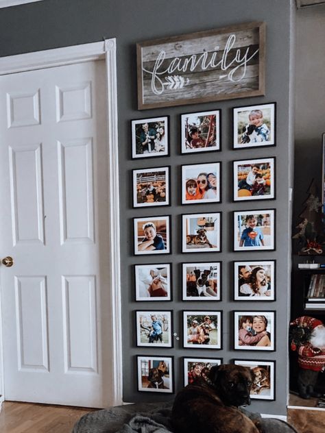 Easy Photo Wall Ideas, Picture Wall 8x10 Frames, Living Room Designs Picture Wall, Behind Table Wall Decor, Family Collage Wall Ideas Hallway, Pictures Above Stairs, Personal Home Decor, Wall Decor Fireplace Living Room, Family Pictures On Wall Living Rooms