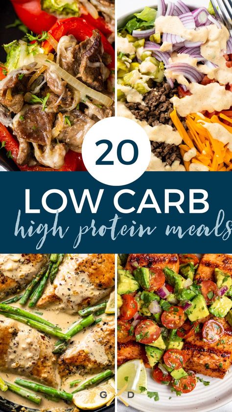 Looking for low carb high protein meals that not only taste great, but are healthy, too? Choose from 20 of our most popular and best keto recipes including quick and easy options for busy weeknights, from chicken to salmon, soup and more. Whether you are craving a dinner that’s decadent and creamy or a light lunch, you will find plenty of delicious ideas! Save this easy low carb keto meal from gimmedelicious.com to make! Meal Prep Healthy Dinner Recipes, 20 High Protein Lunch Ideas, Dinner Recipes High Protein Low Carb, Protein Rich Low Carb Meals, Healthy Meal Ideas For Dinner Low Carb, Carb Free Sugar Free Meals, High Protein Low Carb Gluten Free Meals, Low Cal Low Carb Dinner, Low Carb High Protein Instant Pot Meals