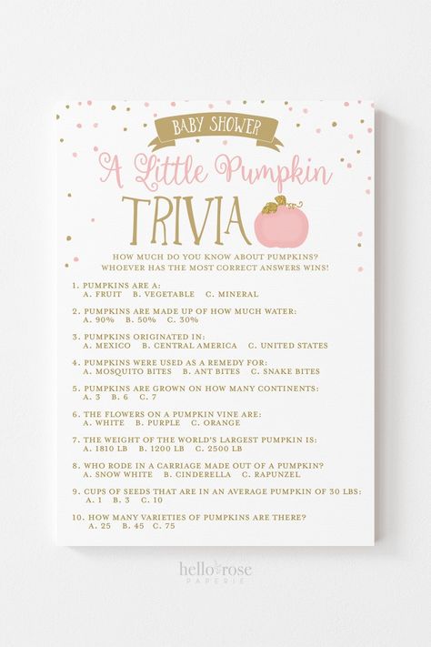 A Little Pumpkin Trivia Baby Shower Game . Pink and Gold Pumpkin . Girl Fall Baby Shower . Printable Instant Download . P1 #etsy #pink #babyshower #gold #babyshowergames #girlbabyshower #pinkandgold #showergames #girlshowergames #littlepumpkingirl Pink Pumpkin Baby Shower Ideas, Pink Pumpkin Baby Shower, Pumpkin Girl, Gold Pumpkin, Baby Pumpkin, Gold Pumpkins, Printable Bridal Shower Games, Pumpkin Baby, Pink Pumpkins