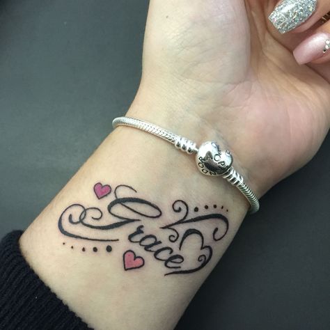 Name Tattoos For Girls, Name Tattoo On Hand, Grace Tattoos, Name Tattoos On Wrist, Omerta Tattoo, Small Wrist Tattoos, Wrist Tattoos For Women, Name Tattoo Designs, 1 Tattoo