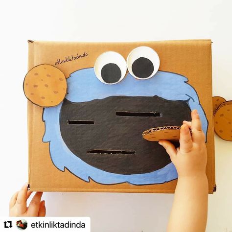 Draw Cookie Monster on box (use big googley eyes for more fun). In cardboard, draw and cut out cookies. On the box, in Cookie Monsters mouth, cut slits big enough for a cookie to be able to be dropped in. Fine motor skills Draw Cookie Monster, Cardboard Boxes Kids, Monster Activities, Cardboard Crafts Kids, Googley Eyes, Infant Classroom, Indoor Activities For Toddlers, Diy Preschool, Cookies Theme