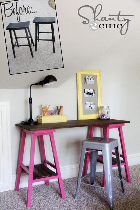 Turn some old barstools into a great desk! Diy Bar Stools, Wrought Iron Beds, Diy Desk, Redo Furniture, Diy Table, Repurposed Furniture, Furniture Projects, My New Room, Furniture Makeover