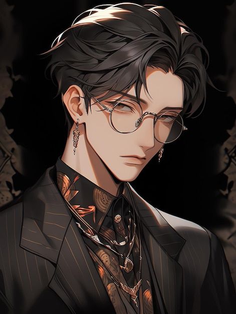 Anime Man In A Suit, Man Wearing Glasses Drawing, Anime Guy Front View, Handsome Anime Guys Suits, Anime In Suit, Anime Suit Guy, Anime Man Glasses, Ceo Anime Guy, Man With Glasses Art