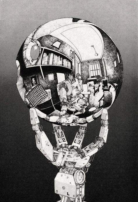 Katsuhiro Ōtomo (大友 克洋), Bionic hand with Reflecting Sphere : Fireball (An unfinished science fiction manga), Action Deluxe, 1979. Escher Hands, Katsuhiro Otomo, Arte Hip Hop, Mc Escher, Arte Cyberpunk, Art Parody, Manga Artist, Art Et Illustration, Illustrations And Posters