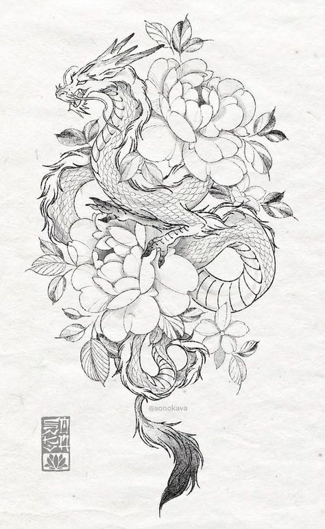 Phoenix Tramp Stamp Tattoo, Two Dragon Back Tattoo, Dragon And Flower Tattoo Design, Big Dragon Tattoo For Women, Dragon With Flowers Tattoo Designs, Chinese Dragon And Flowers Tattoo, Dragon With Lilly Tattoo, Shaded Dragon Tattoo, Dragon Tattoo Stencil Designs