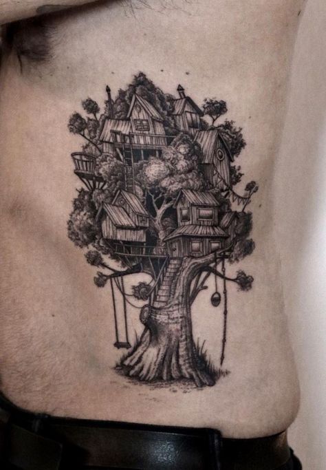 Treehouse Tattoo, Grey Tattoo, Black And Grey Tattoos, I Tattoo, Tree House, Skull Tattoo, Black And Grey, Tattoos, Black