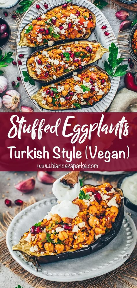 Vegan Stuffed Eggplant Recipes, Bulgur Recipes Vegan, Eggplant Recipes Turkish, Vegan Stuffed Eggplant, Turkish Stuffed Eggplant, Stuffed Eggplant Recipes Healthy, Vegan Turkish Food, High Protein Eggplant Recipes, Turkish Recipes Vegetarian