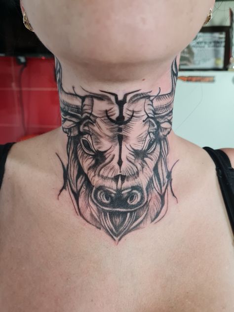 Tatuaj taur pe gat Taurus Neck Tattoo, Bull Neck Tattoo, Bull Head Tattoo, Front Neck Tattoo, Bull Skull Tattoos, Bull Tattoo, Bull Tattoos, Cute Tattoos For Women, Head Tattoos