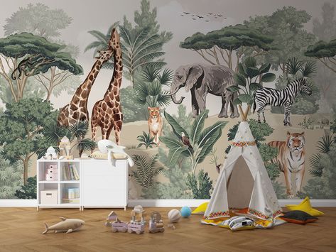 Animals Africa, Nursery Jungle, Kids Room Wall Murals, Jungle Wall Mural, Kindergarten Wallpaper, Wallpaper Tropical, Safari Wallpaper, Jungle Wall, Safari Animals Nursery