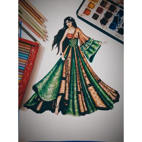 Illustration, ethnic wear dress. Work details of silver white Embroidery Zardari & tari . Beige green multicolored lengha. Ethnic Wear Illustration, Fashion Illustrations Techniques, Illustration Techniques, Color Rendering, Fashion Illustrations, Awesome Art, Ethnic Wear, Fashion Illustration, Cool Art