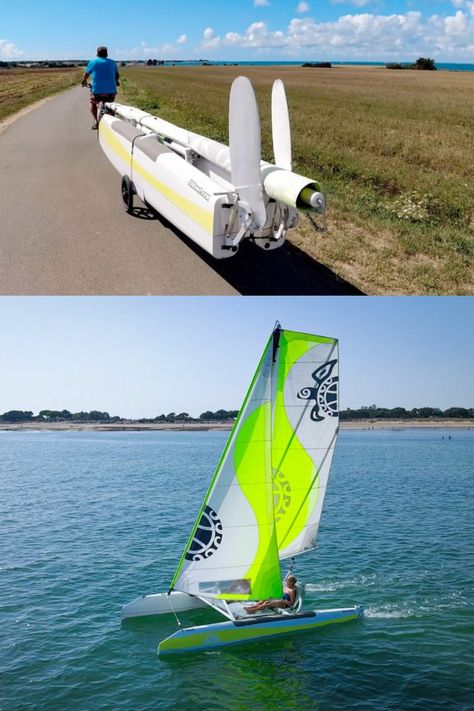 IZIBoat aims to revolutionize sailing with a collapsible, ebike-towable catamaran Catamaran Sailing, Yacht Accessories, Angler Kayak, Folding Boat, Outrigger Canoe, Small Sailboats, Wooden Boat Building, Kayak Boats, Sailboat Design