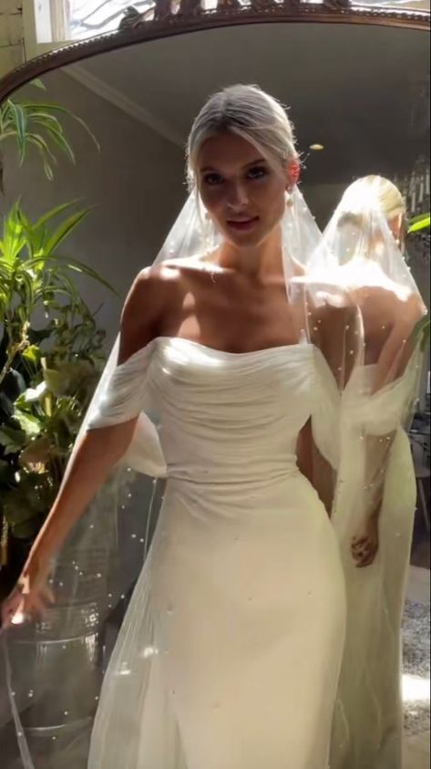 Unique Form Fitting Wedding Dresses, Wedding Dress Chic Classy, Off The Shoulder Classic Wedding Dress, Danceable Wedding Dress, Brontë Sarah Seven, Timeless And Elegant Wedding Dress, Wedding Dress With Drape Sleeves, Off Shoulder Wedding Dress Veil, Satin Dress With Veil