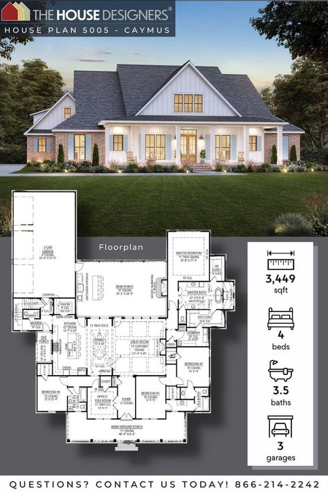 The Caymus house plan feature 3,449 square feet with a total of 4/5 bedrooms and 3.5 baths on 1 level. A grand entrance with an impressive doorway, vaulted ceilings, and transom windows welcomes you into a spacious floor plan highlighted by coffered ceilings in the great room. Country Farmhouse Exterior, Single Level House Plans, 4 Bedroom Farmhouse, One Level House Plans, Multigenerational House Plans, Four Bedroom House Plans, Retirement House Plans, Modern Farmhouse Floorplan, Ranch Farmhouse