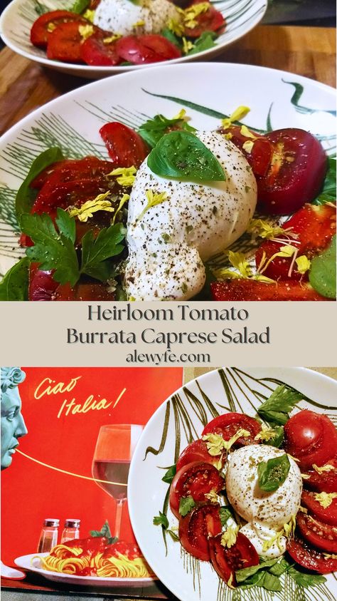 This burrata caprese salad is a twist on a classic caprese salad, and is a fantastic way to showcase the best of summer’s ripe and flavorful tomatoes from your garden, CSA, or farmer’s market.  Instead of slices of fresh mozzarella cheese, each of these summer salads has a ball of rich and creamy burrata cheese, along with fresh herbs and just the simplest of seasoning to let the flavors of the ingredients shine.  #everydaygourmet #vegetarian #summersalad Burrata Caprese Salad, Meatless Pasta Recipes, Burrata Caprese, Caprese Salad Recipe, Brewing Recipes, Burrata Cheese, Heirloom Tomato, Pasta Soup, Eat Seasonal