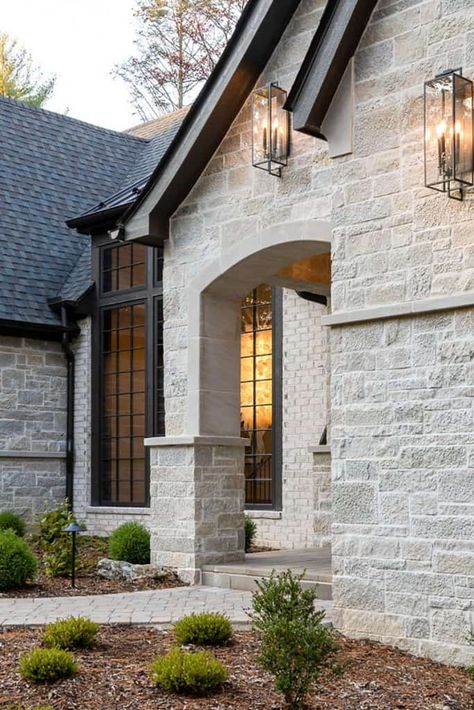 Gorgeous European-inspired home with a contemporary twist in Asheville French Contemporary Home, French Country Exterior, Stone Exterior Houses, Modern Outdoor Living, Modern French Country, Stil Industrial, Brick Exterior House, French Architecture, Construction Home