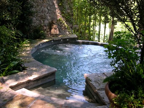 Cool Hot Tubs, Hot Tub In Living Room, Hot Tubs Outdoor, Nature Hot Tub, Beautiful Hot Tubs, Natural Jacuzzi Outdoor, Hot Tub And Pool Ideas Backyard, Cottage Core Pool, Hot Tub In Garden