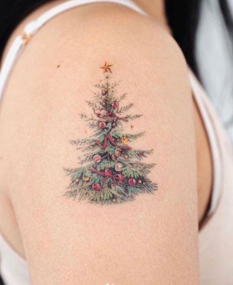 Christmas Tattoo Designs, Winter Tattoo, Snow Flake Tattoo, Christmas Tattoo, Single Needle Tattoo, Light Tattoo, Tree Tattoo Designs, Large Tattoos, White Tattoo