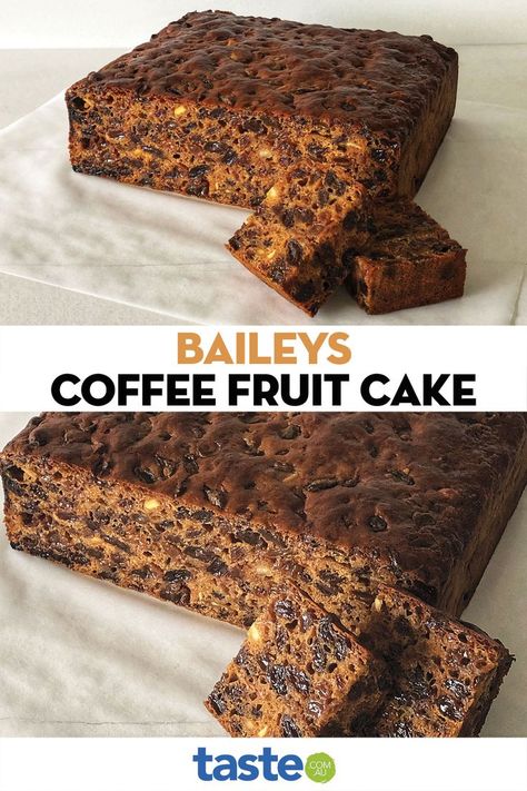 4 Ingredient Baileys Fruit Cake, Baileys Coffee Fruit Cake, Baileys Christmas Cake, Baileys Fruit Cake, Baileys Cake Recipe, Plum Loaf Recipes, Plum Loaf, 3 Ingredient Fruit Cake Recipe, Christmas Cake Recipe Traditional